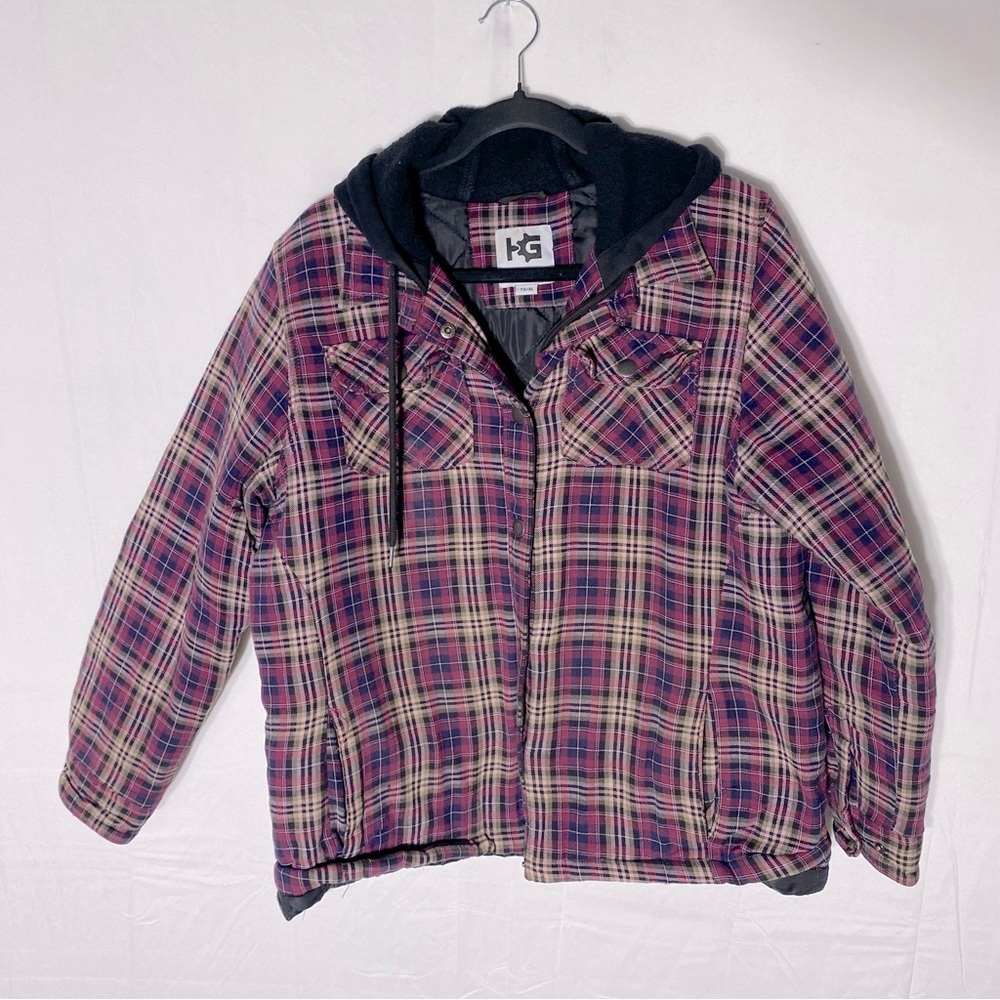 Harvest Gear Pink Blue Plaid Insulated Snap Front Hooded Shacket Work Wear XL